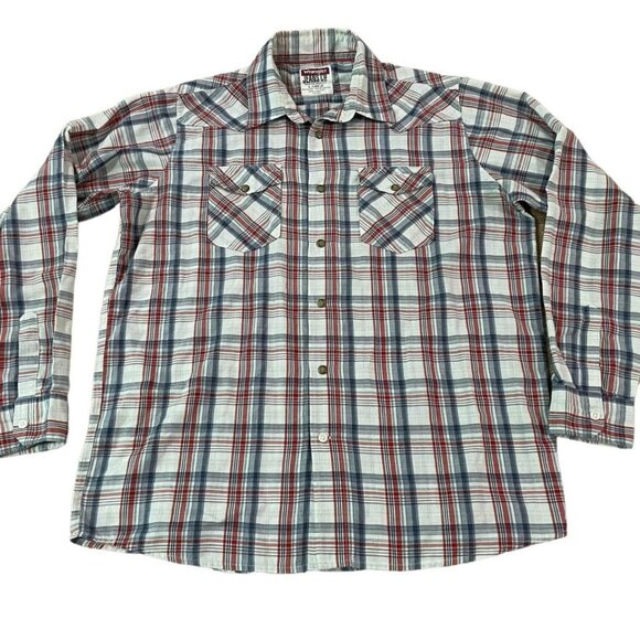 Wrangler Western Shirt Mens Size Large Red Blue Plaid Pearl Snaps Cowboy Rancher - Picture 1 of 5